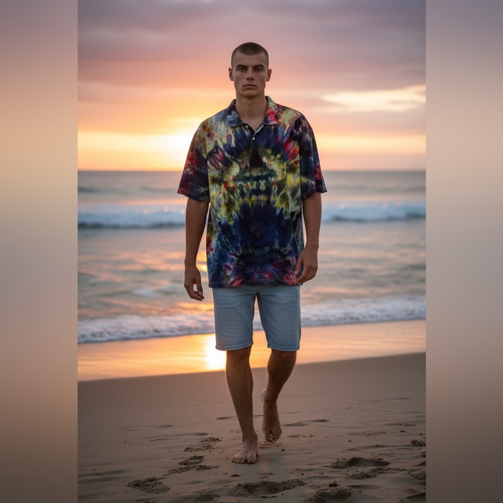 Econscious Tie-Dye 60’s inspired Polo Shirt Boho Hippie Grunge Men’s Size XL